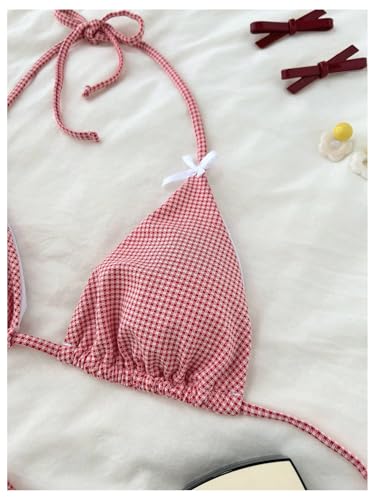 GORGLITTER Women's Gingham Plaid Swimsuits Bow Triangle Halter Shorts Bottoms Bikini Sets Bathing Suit3