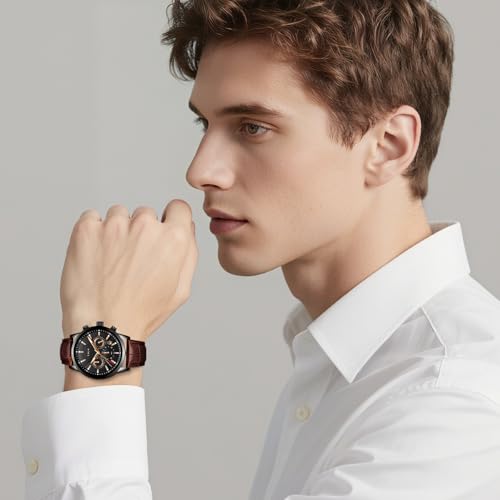 LIGE Men's Fashion Chronograph Waterproof Analog Quartz Stainless Steel Casual Leather Wrist Watches