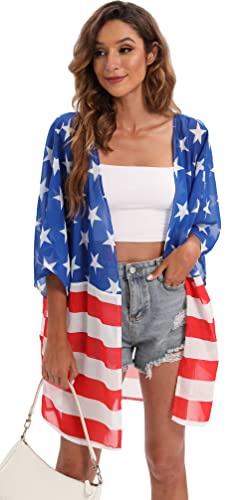 Image of DDSOL Women's American Flag Kimono Cover up Beachwear Cardigan Loose Tops Shirt Blouse