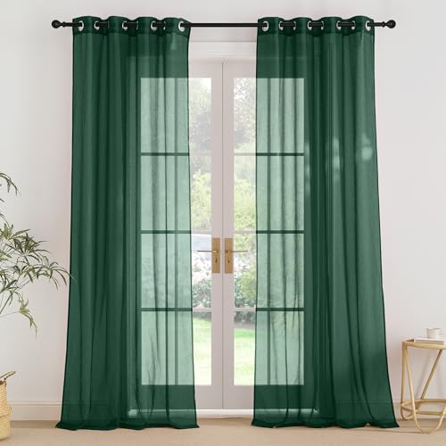 PONY DANCE Tende Moderne per Soggiorno 2 Pezzi 140x260 CM Tende per Interni con Anelli Decorazione Voile Curtains Camera da Letto con Effetto Lino, Verde Scuro