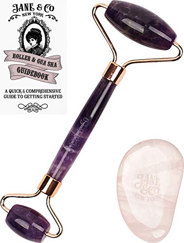 Spa Grade Amethyst Jade Roller for Face with Rose Quartz Gua Sha | Amethyst Face Roller Massager | Purple Jade Facial Roller | Amethyst Jade Rollers | Wrinkle Roller
