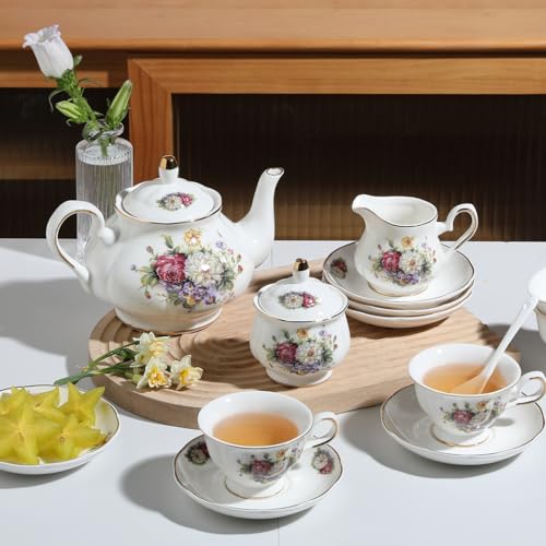 Sweejar Porcelain Tea Set Vintage Floral, British Relief Gold Rim Teapot Cup and Saucer Sets, 22-Piece Tea Sets for Adults, with Teapot, Sugar Bowl, Milk Jug, Spoons, Cup and Saucer (Flower Style)
