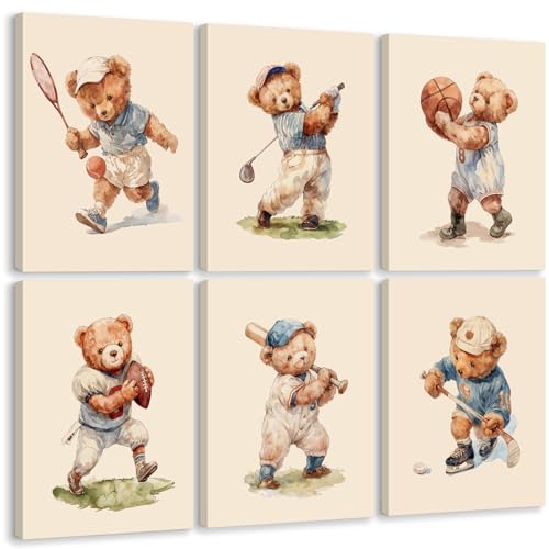 Image of Olctedo Nursery Bear Wall Art Boy Sports Canvas Wall Decor Baby Nursery Prints Vintage Teddy Bear Poster Boy Room Wall Art Kids Animal Pictures Painting for Bedroom Playroom 8x10x6 Inch Ready to Hang