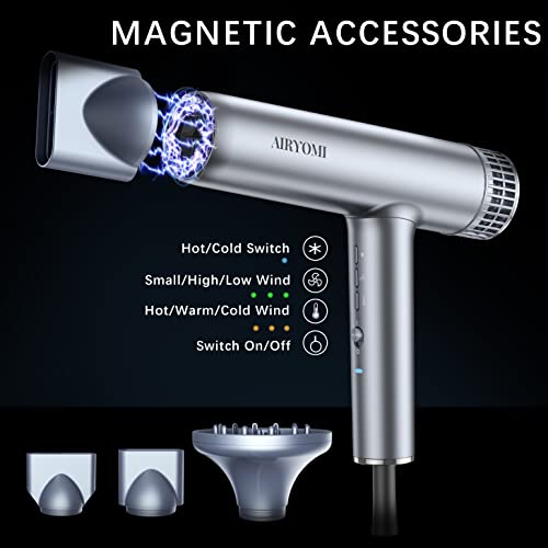 Airyomi Hair Dryer Blow Dryer With Diffuser And Concentrator 2000W Professional Ionic Hair Dryer Brushless Motor Magnetic Nozzles Quiet And Fast Drying Travel Hair Dryer Silvery #TOP5