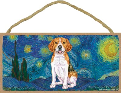SJT ENTERPRISES, INC. Van Gogh's Starry Night Inspired Beagle 5" x 10" Wood Plaque Sign Featuring the Artwork of Tomoyo Pitcher (42404)