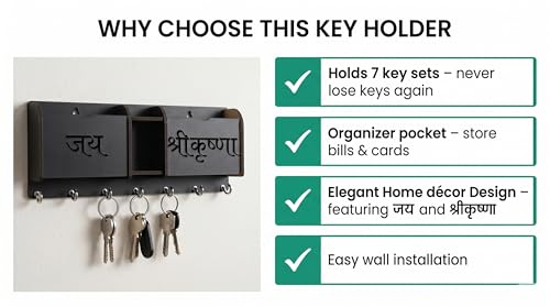 Image of Wall Key Holder and Mail Organizer for Home, with Jai Shri Krishna Design, Wooden Wall Mounted Key Hanger with 7 Metal Hooks, Dual Letter Pockets & Central Slot for Mail /Bills /Eyeglasses