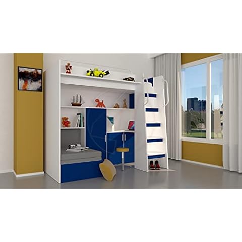 Furniture Just4U Limited Modern Cabin High Sleeper Bed Bunk Bed Loft Bed Storage Mid Sleeper Wardrobe Desk Stairs Set Mattress Included Bedroom Child Youth Boy Girl Max 1M (Blue), Single/ 90 x 200 cm Cover