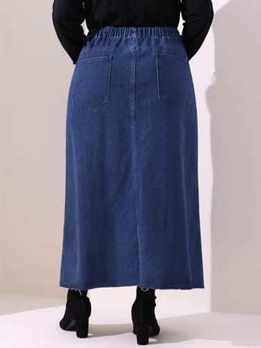 Agnes Orinda Women's Plus Size Vintage Denim Maxi Skirt Frayed Raw Hem High Waist Front Slit Long Jean Skirts4