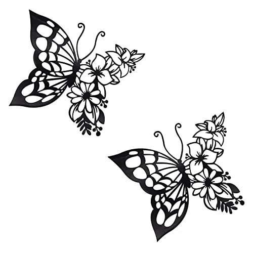 Image of 2pcs Butterfly Decoration Wall Art Boho Wall Home Decor Hanging Appearance Wall Decor Metal Hanging Butterfly Decor Flower Wall Art for Bedroom Living Room Home Wall,Black(Medium)