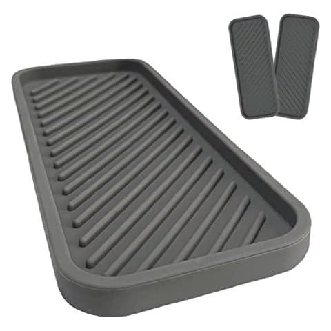 SOQKEEN Silicone Sink Caddy 2 Pack Food Grade Drying Board Mat Non-slip Organizer Sponge Holder Small Soap Tray 8.8"x 3.5" (22.5 cm x 9 cm) for Cups Containers Kitchen Shower Bathroom (Grey) Cover