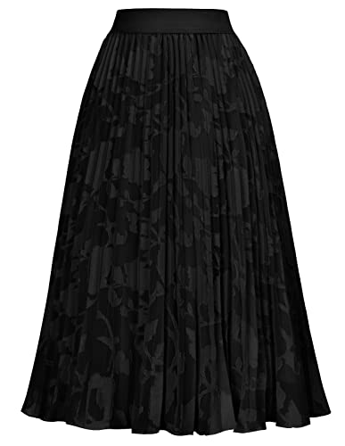 Image of GRACE KARIN Women's Flared Pleated Ruffle Chiffon Skirt Below Knee Floral Lace Black S