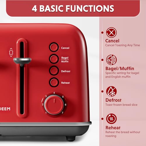 Image of BUYDEEM DT640 4-Slice Toaster, Extra Wide Slots, Retro Stainless Steel with High Lift Lever, Bagel and Muffin Function, Removal Crumb Tray, 7-Shade Settings,Red