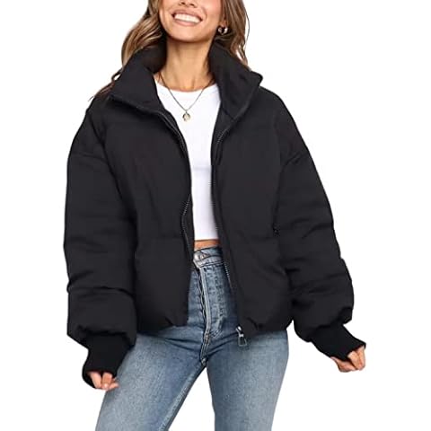 Dqbeng Puffer Jacket Womens Winter Casual Warm Long Sleeve Zip Up Padded Coat (Black-M) Cover