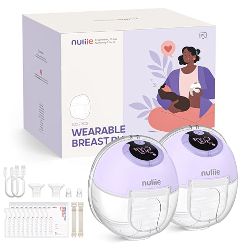 Image of Nuliie Hands-Free Breast Pump, Wearable Breastfeeding Pump 4 Modes 9 Levels with 18/21/24MM Flange, Electric Breast Pump Portable, Replaced Pumping Accessories Included (2 Packs, Purple)