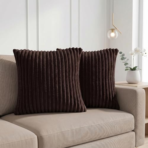Image of Yellow Weaves Pencil-Stripe Fur Cushion Covers | Soft Polyester | Decorative Sofa & Throw Pillow Covers | 16x16 Inches, Pack of 2 (Coffee)