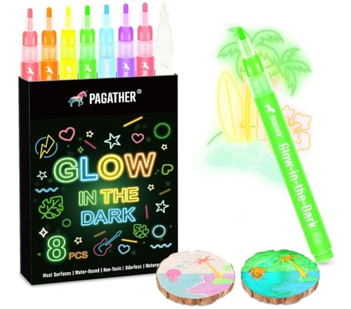8 Colors Glow in the Dark Markers – 2mm Round Tip Neon Fluorescent Paint Pens for Rock Painting, Fabric, Glass, Wood, and DIY Crafts