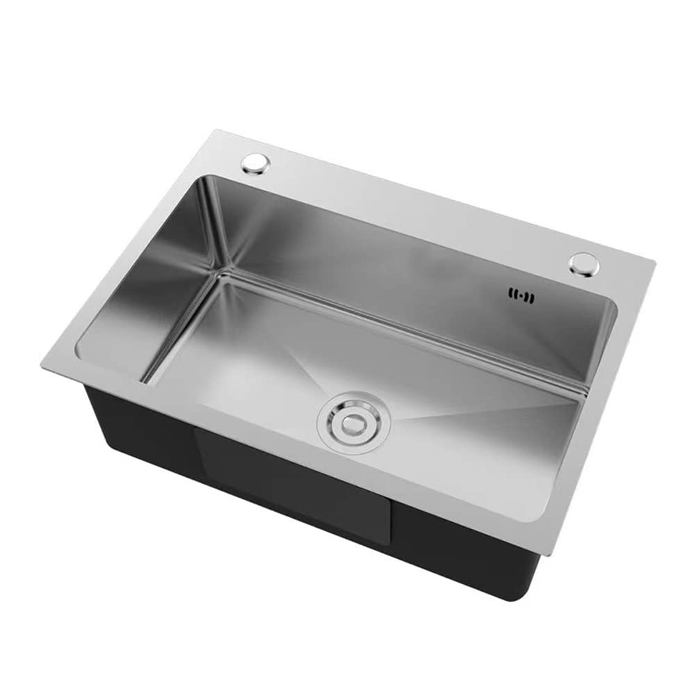 WDSOPK Stainless Steel Kitchen Sink - 16 Gauge Commercial Large Topmount Handmade Sink - Single Bowl Basin - with Integrated Ledge and Accessories (Silver A(65x45cm))