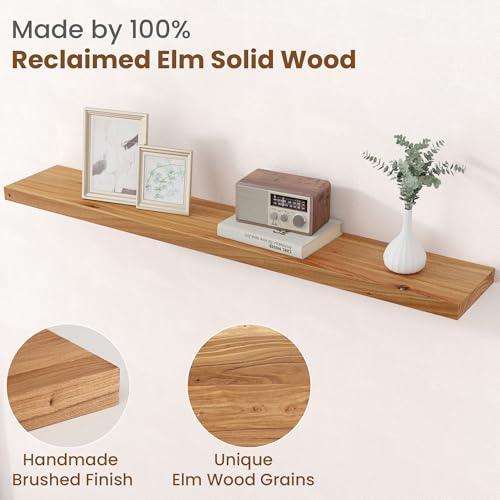 Image of Floating Shelves for Wall Decor, 8 inch Deep Rustic Solid Elm Wood Floating Shelves Wall Mounted, Wall Shelves with Invisible Bracket for Living Room Bathroom Bedroom Kitchen, 48 Inch Set of 1, Natural