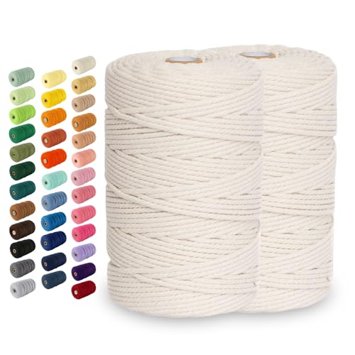 2 Pack Macrame Cord - 3mm 220 Yards Cotton Rope, 4mm 5mm Yarn, String for Crafts, Perfect for Macrame Wall Hanging and Boho Decorations (Cream)