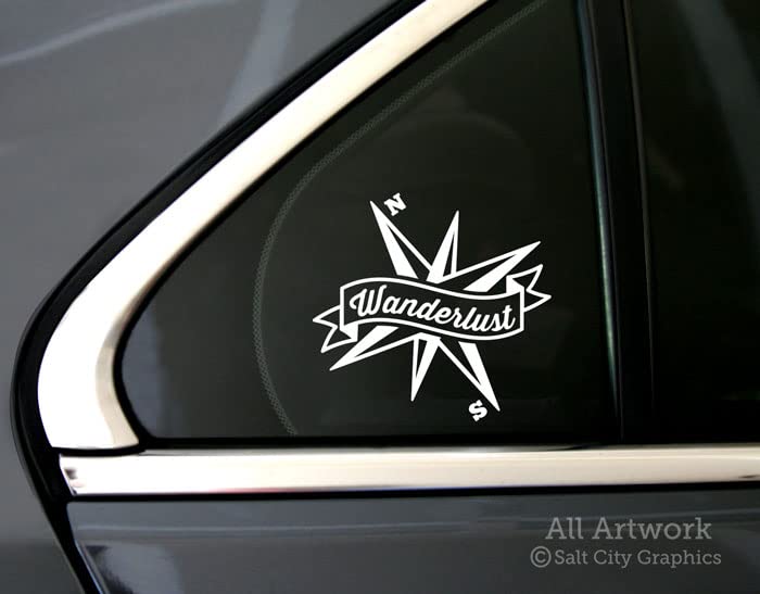 Wanderlust Compass Decal, Wanderlust Sticker - Compass Rose, Traveler, Explorer, Gift - Vinyl, Car Decal, Laptop Sticker, for Window (4 inches Wide, White)