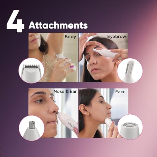 Vega Feather Touch 4-in-1 Trimmer for Women with Rechargeable Cordless, 60min Runtime, Suitable for trimming Eyebrows, Nose, Face & Bikini Area (VHBT-03) White - Image 3