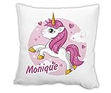 Kissen individuell mit Name + Motiv: Einhorn Geschenkidee für Kinder zum Geburtstag oder Schulanfang, Kissen, Unicorn, rosa, pink für Mädchen, Schule, Kindergarten, 40 x 40 cm komplett mit Füllung