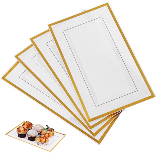 10pcs Plastic Serving Platters with Gold Border Buffet Trays Food Party Serving Trays Rectangular Dinner Plates for Weddings Birthdays Christmas Parties 33x20cm
