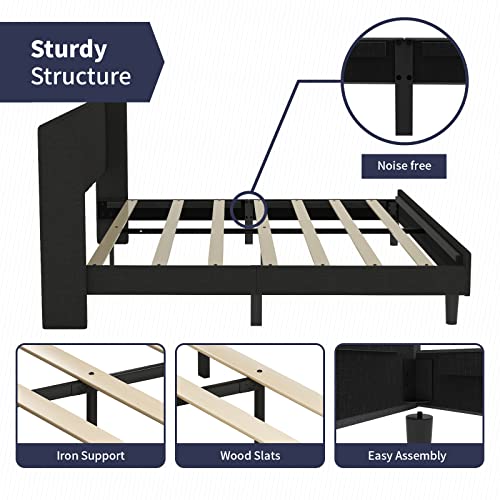 Zafly Queen Linen Upholstered Platform Bed Frame,Queen Size Bed Frame With Modern Geometric Wingback Headboard,Wood Slat Support,No Box Spring Needed,Easy Assembly (Queen Size,Black) #TOP6