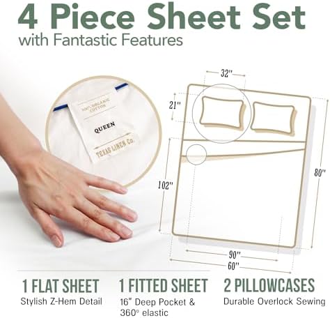 TEXAS LINEN CO. 100% Organic Cotton Sheets Queen Size - 4 PC Organic Cotton Queen Size Percale Weave Sheet Set, Soft, Cooling, Crisp & Breathable, 16" Deep Pocket Hotel Quality Bedding Set - White