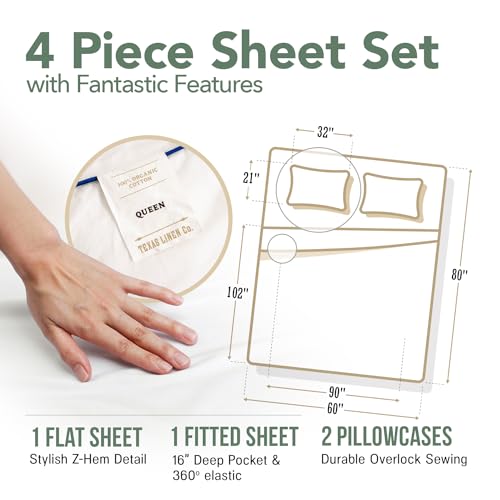 TEXAS LINEN CO. 100% Organic Cotton Percale Sheets Queen Size - White Cotton Percale Sheets Queen, 4 PC Queen Percale Sheet Set, Breathable Cooling Sheets, 16\" Deep Pocket Hotel Sheets Queen Size