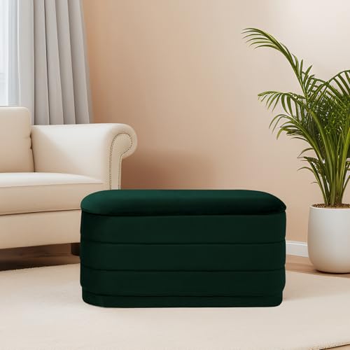 Image of 30 inch Velvet Storage Ottoman Bench with Wooden Tray Lid, Folding Large Upholstered Ottoman Footstool for Living Room, Rectangular Padded Foot Rest for Bedroom Living Room Dorm, Bottle Green