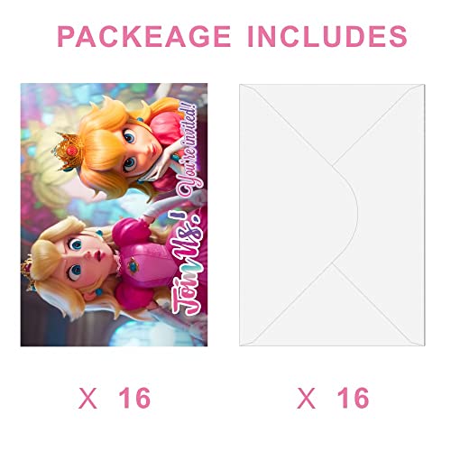 Lxosff 16Pack Princess Peach 2023 Birthday Invitation Cards With Envelopes For Mario 2023 Movie Themed Party Supplies And Decorations #TOP1