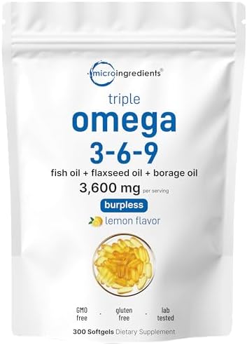 Triple Strength Omega 3 6 9, 3600mg Per Serving, 300 Counts, Burpless Enteric-Coated Technology, Deep Ocean Fish, Wild Caught at Norwegian Sea, with Flaxseed, Evening Primrose Oil, Mercury Free