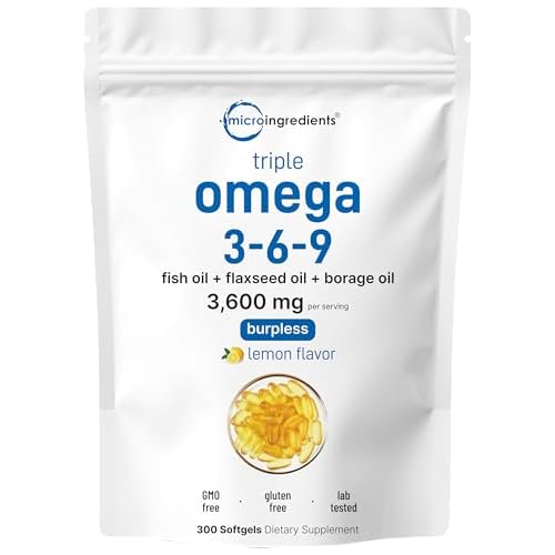 Ultra Omega 3-6-9 3600mg Per Serving, 300 Burpless Softgels | Lemon Flavor – Blend of Fish, Flaxseed, Borage Oils | Bioavailable Source, Non-GMO, No Gluten, Mercury Free