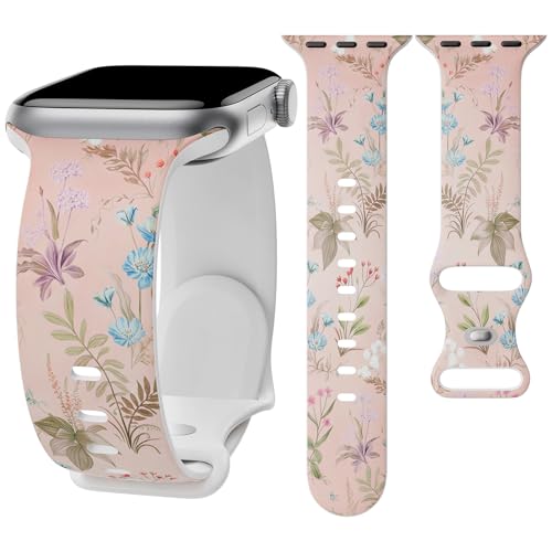 Image of Floral Band Compatible with Apple Watch Bands for Women 40mm 42mm 41mm 38mm 44mm 45mm 46mm 49mm, Cute Pattern Flower Soft Silicone Sport Strap for iWatch Series Ultra 11 10 SE 9 8 7 6 5 4 3 2
