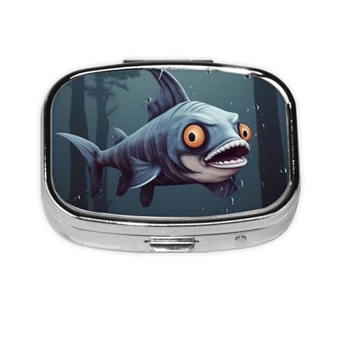 ピルボックス 面白い魚デザイン スクエア ピルケース ミニ メタル トラベル ピルボックス 財布用 小型 かわいい 2コンパートメント 薬 ピルオーガナイザー ポータブル ピルコンテナ ホルダー 毎日の薬 ビタミン