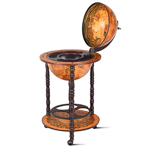GiantexUK 330MM/360MM Globe Drinks Cabinet Unique Eucalyptus Wooden Mini Bar Cart with Open Shelves Retro Movable Whisky Wine Spirits Trolley for Home Restaurant(no Top 360MM Globe 47x47x90cm)