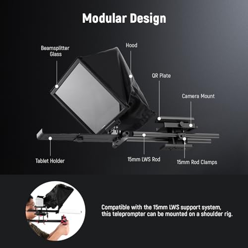 Image of Neewer Teleprompter C12 Modular Design with 15mm LWS Rod Clamp, RT113 Remote, App Control, 12 inch Beamsplitter, Snap in 501PL QR Plate Compatible with LWS Baseplate Camera Cage Shoulder Rig