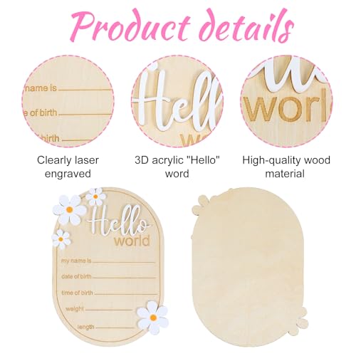 Image of Baby Announcement Sign, Wooden Hello World Sign Welcome Baby Newborn SignsWelcome Birth Name Board Plaques for Boys Girls Photo Props Hospital Nursery