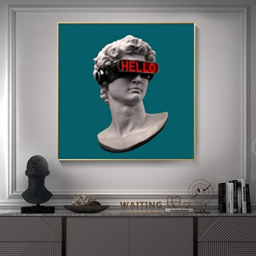 Leinwandbilder Bild auf Leinwand Vlies Wandbild Kunstdruck Wanddeko Wand Wohnzimmer, Lustiger David trägt VR-Brille Abstrakte David-Skulptur Die