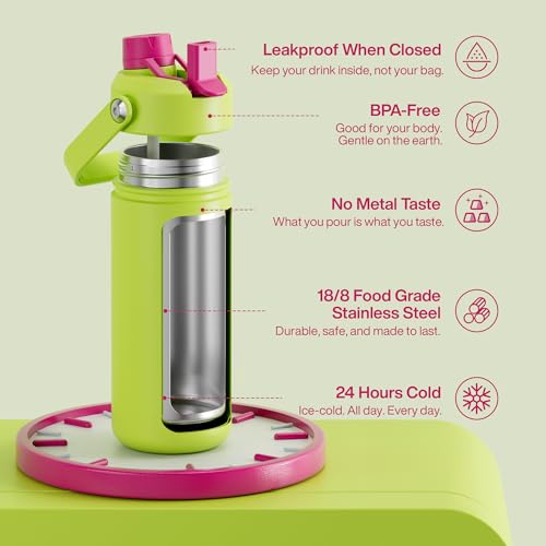 Image of ENCOOL Insulated Water Bottle with Straw Stainless Steel Water Bottle, Leak-Proof, BPA-Free, Double Wall Vacuum Keeps Cold for 24 Hours for Sports, Travel, School (18 oz, Acid Green)