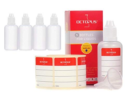 5 x 50 ml Plastic Bottles with Funnel + Labels, Plastic Bottles Made of PE LDPE, Dosing Bottles, Dropper Bottles or Squeeze Bottles + White Lid