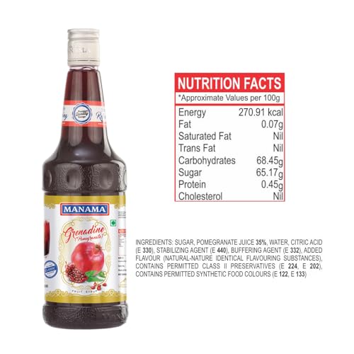 Image of Manama Grenadine (Pomegranate) Syrup | Mixer for Mocktails, Cocktails, Drinks, Juices, Beverages | Non Alcoholic Mix 750ML Bottle