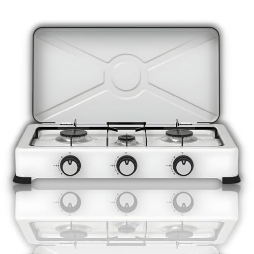 Cocina Portátil de Gas 3 Fuegos, Metálico, Acero, 57x6x28 cm, Control Manual, Camping y Exteriores