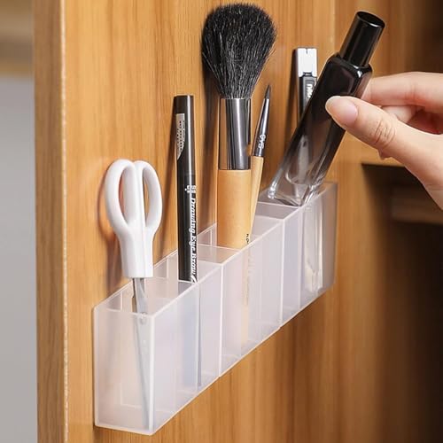 Image of Mini Wall Mount Storage Box, 6 Compartment Transparent Plastic Makeup Brush Lipstick Holder Self-Adhesive Pen Holder Makeup Organizer for Home Office..