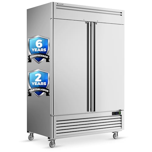 Coolski 54'W Commercial Freezer, -13℉ ~-5℉, 49 Cu.Ft 2 Door Reach-In Stainless Steel Upright Freezer for Restaurant, Cafe, Shop, Business, 8 Adjustable Shelves
