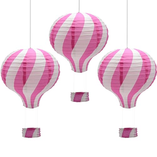 CEEYSEE 3 Stück Hängende Heißluftballon 30cm Bunt Papier Ballon Lampions mit Gondel Falten Papierlaterne für Hochzeit,Party Dekorationen (Rosa/RQFNS)