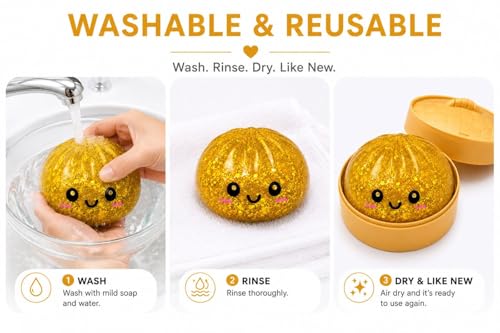 Image of 2 Pcs Dumpling Squishy, 6CM Squishy Ball with Soft Texture and Fun Shapes, Sensory Fidget for Play and Collection, Party Favors, Steamed Buns and Steamer, Golden and Green Pectin Style