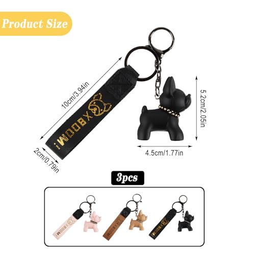 FainFun 3er-Pack Bulldogge Schlüsselanhänger - Hund, Dog, Französische Bulldogge für Autoschlüssel & Rucksack - Schwarz/Rosa/Khaki