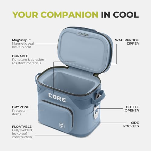 Image of CORE Magnetic Leak Proof Soft Cooler with Waterproof Zipper | Insulated Bag Portable Ice Chest Box | Best Soft Cooler for Food & Beverages for Tailgating, Car Camping, Travel, and Family Beach Picnics